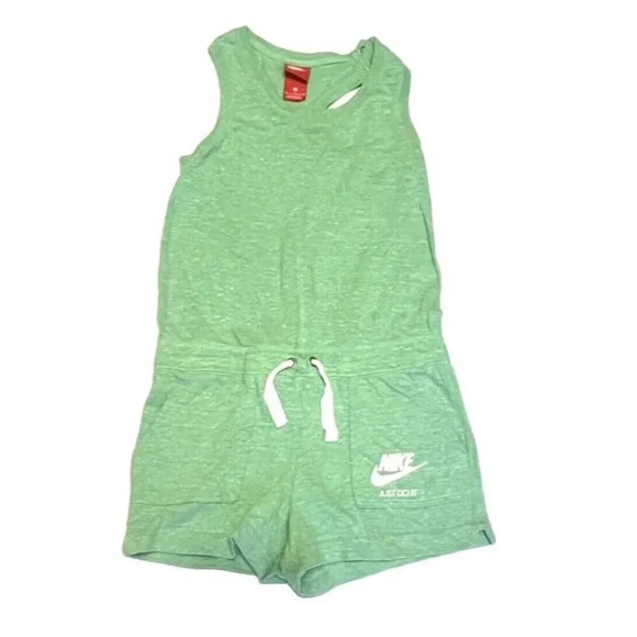 Nike Girls M Kermit Green Romper Draw String Pockets Logo Casual Active OnePiece - Picture 1 of 7